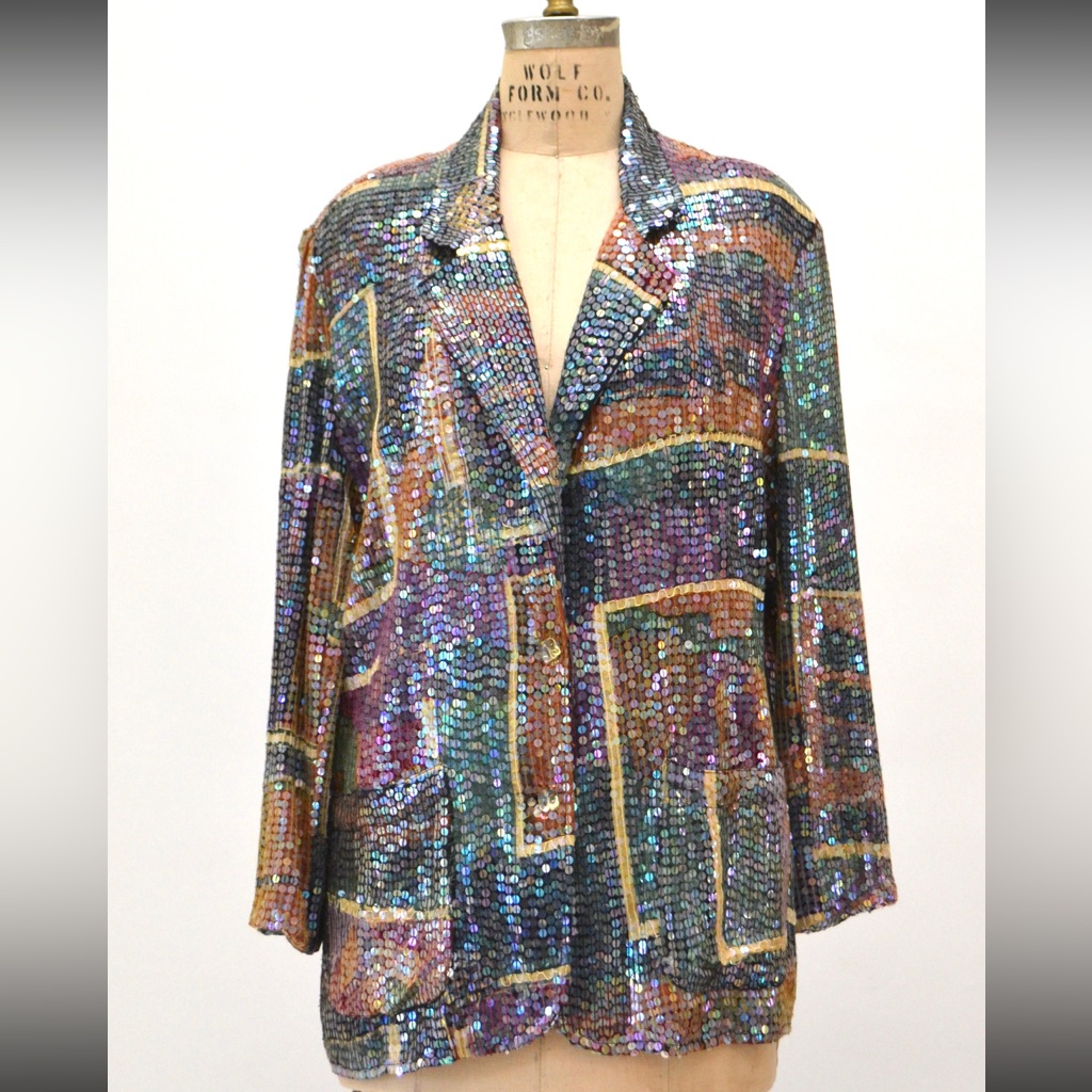 80s 90s Vintage Sequin Party Jacket Abstract Printed Sequin Blazer